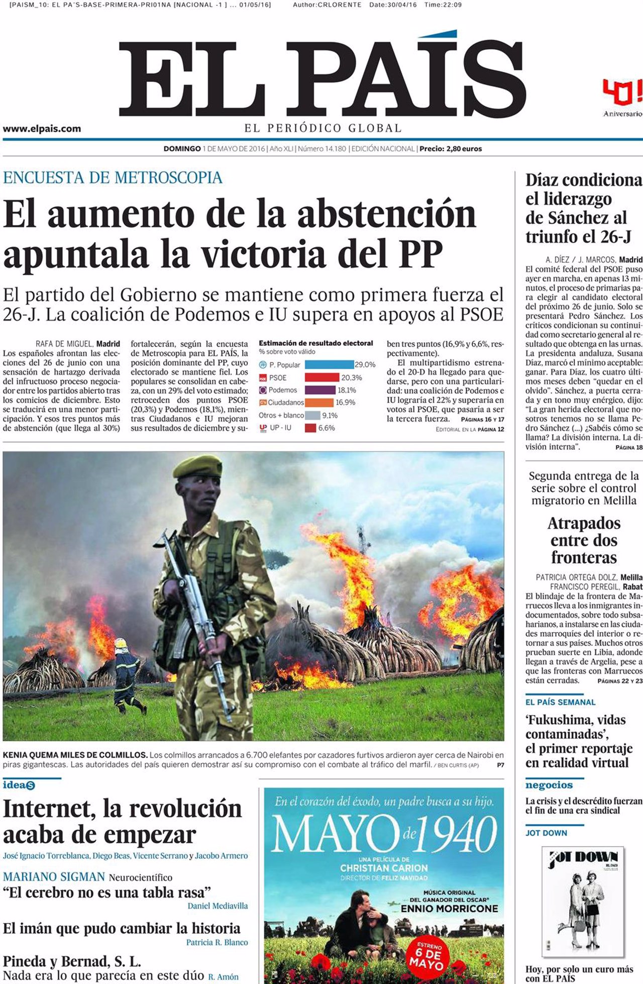Portada de El País del 30 de abril de 2016