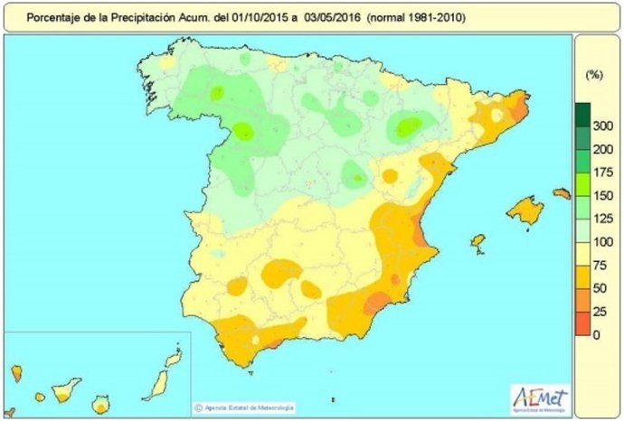 Mapa de distribución de las precipitaciones en España hasta el 3 de mayo