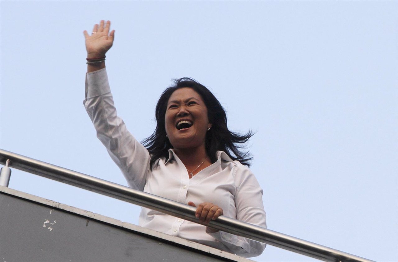 Peru's presidential candidate Keiko Fujimori celebrates after exit polls of the 