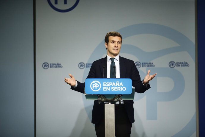 Rueda de prensa de Pablo Casado en la sede del PP