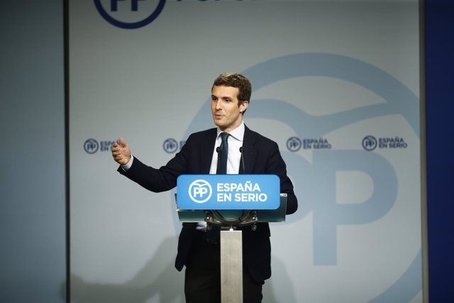 Rueda de prensa de Pablo Casado en la sede del PP