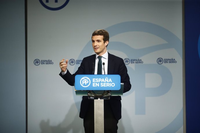 Rueda de prensa de Pablo Casado en la sede del PP