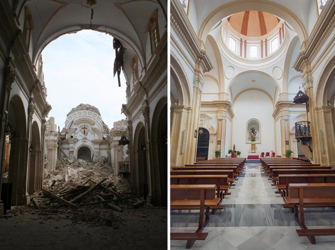 Iglesia Santiago antes y después del terremoto de Lorca