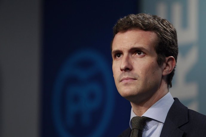 Pablo Casado en la sede del PP