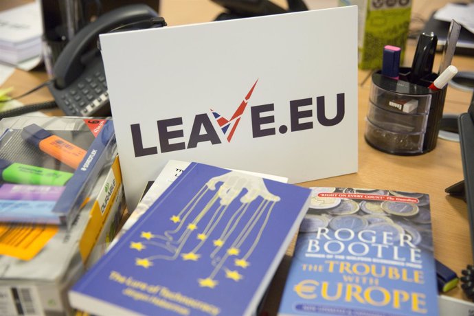 A sign for pro Brexit group pressure group "Leave.Eu" is seen in their office in
