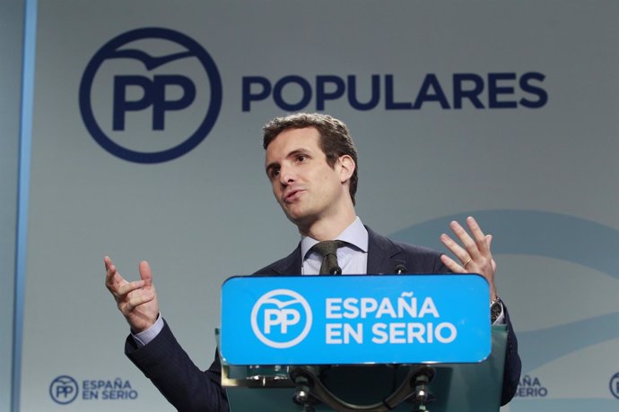 Pablo Casado en la sede del PP