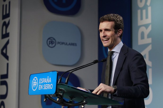 Pablo Casado en la sede del PP