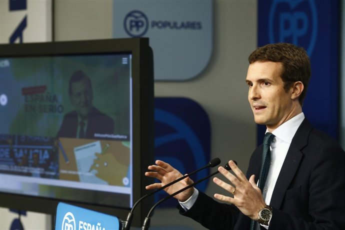 Rueda de prensa de Pablo Casado en la sede del PP