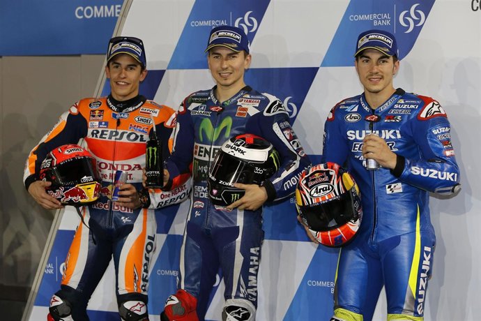 Marc Márquez junto a Jorge Lorenzo y Maverick Viñales