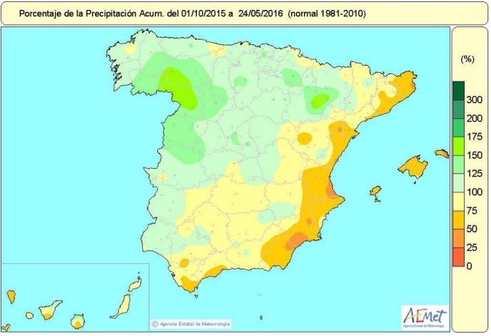 Distribución de las lluvias acumuladas en España desde el 1-X-2015 a 24-V-2016