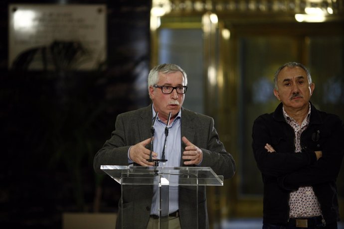 Ignacio Fernández Toxo y Pepe Álvarez en rueda de prensa tras reunirse