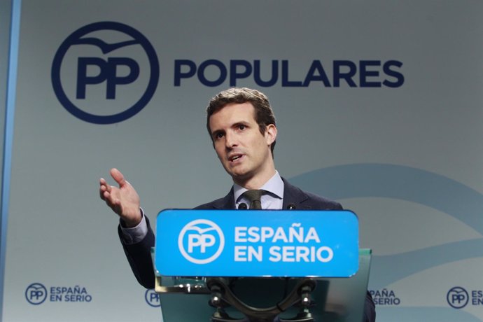 Pablo Casado en la sede del PP