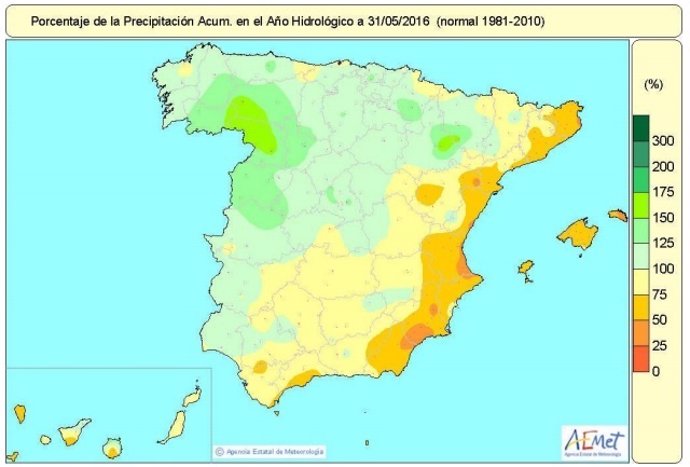 Distribución de las precipitaciones acumuladas en España desde octubre de 2015