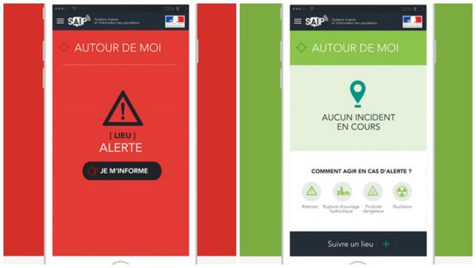 Pantalla de la app para alertar de atentados en Francia