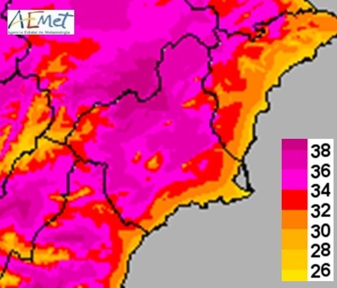 Mapa de temperaturas máximas para este jueves en Murcia