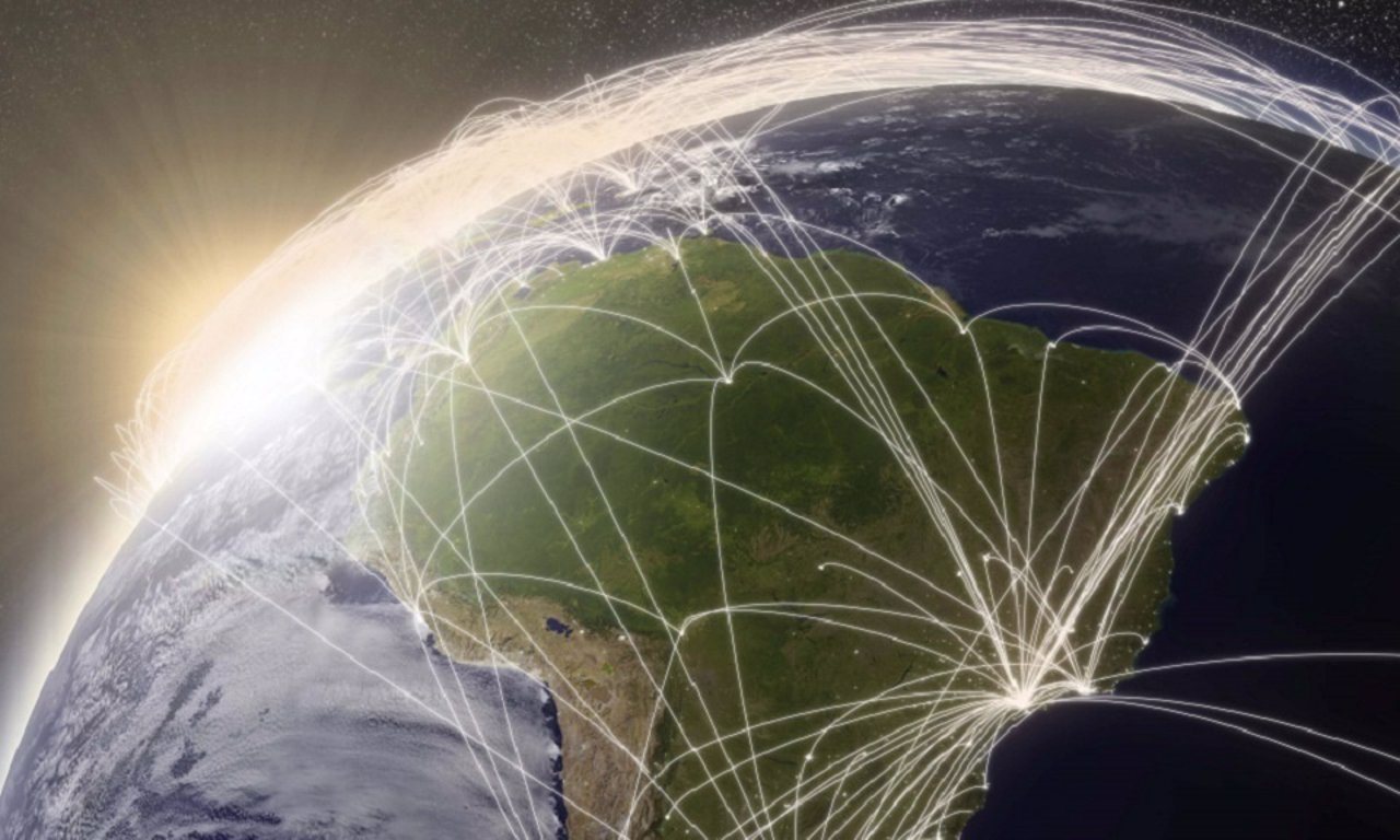 South America with network representing major air traffic routes. Elements of th