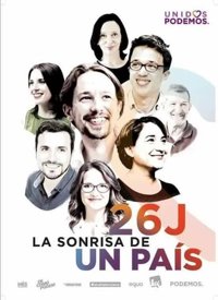 26J- El cartel de Unidos Podemos mezcla rostros de Podemos con referentes de las coaliciones como Garzón, Colau y Oltra