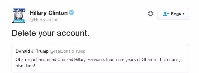 Mensaje de Hillary Clinton en Twitter para pedir a Trump que borre su cuenta