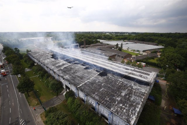 An aerial picture shows exhibition halls used as refugee camps after they were d