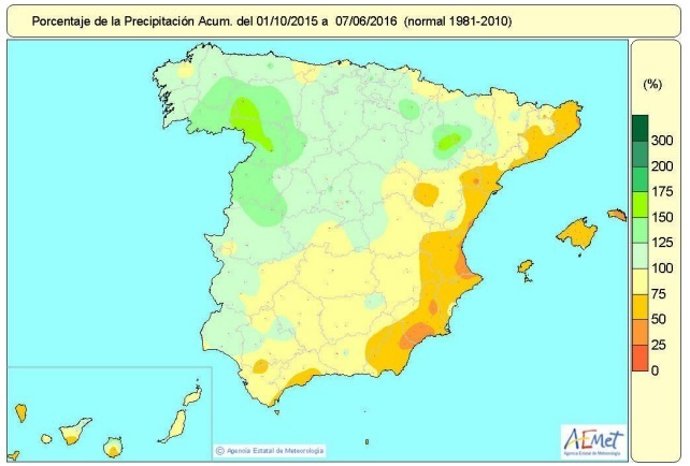 Distribución de las lluvias acumuladas en el año hidrológico hasta el 7 de junio