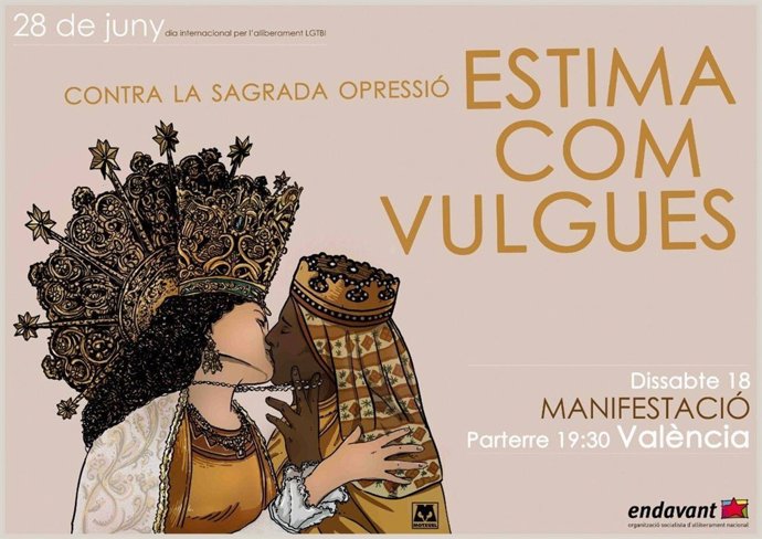 Cartel de Endavant para el Día del Orgullo en el que se muestra a las vírgenes