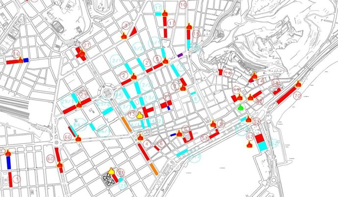 Plano del centro de Alicante con la ubicación concreta de barraques y fogueres 