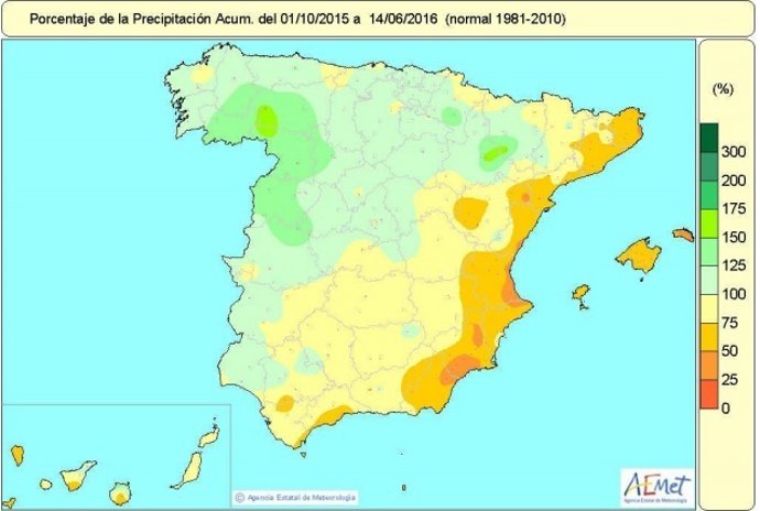Distribución de las lluvias en España en el año hidrológico