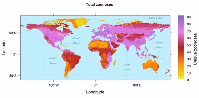 Mapa donde mamíferos pueden transmitir enfermedades a las personas