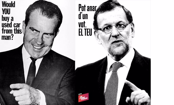 Cartel electoral de EnComúPodem que compara a M.Rajoy con R.Nixon
