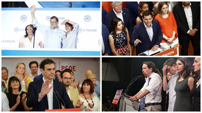 Rajoy, Pedro Sánchez, Pablo Iglesias y Albert Rivera en la noche electoral