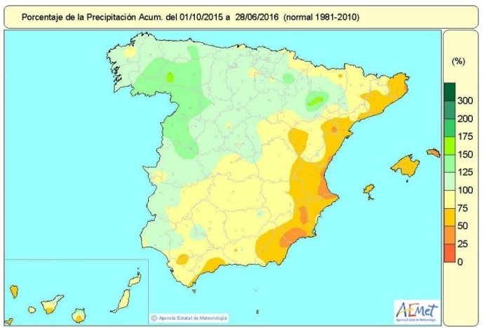 Mapa de precipitaciones acumuladas en España desde el 1-10-2015 a 28-6-2016