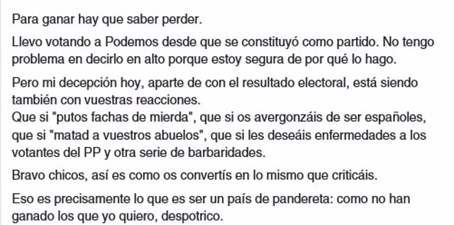 Carta viral de una votante de Podemos contra los insultos a los votantes del PP