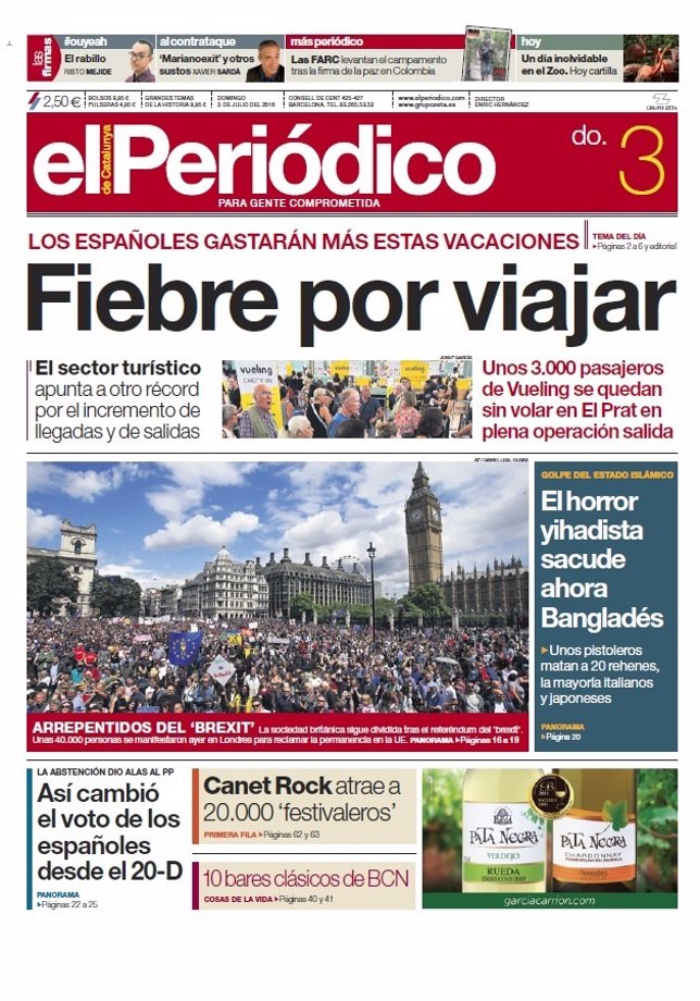 Portada de El Periódico del 3 de julio de 2016