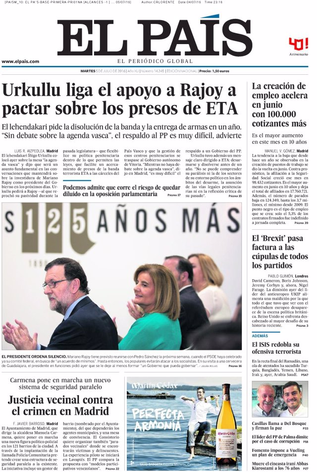 Portada de El País