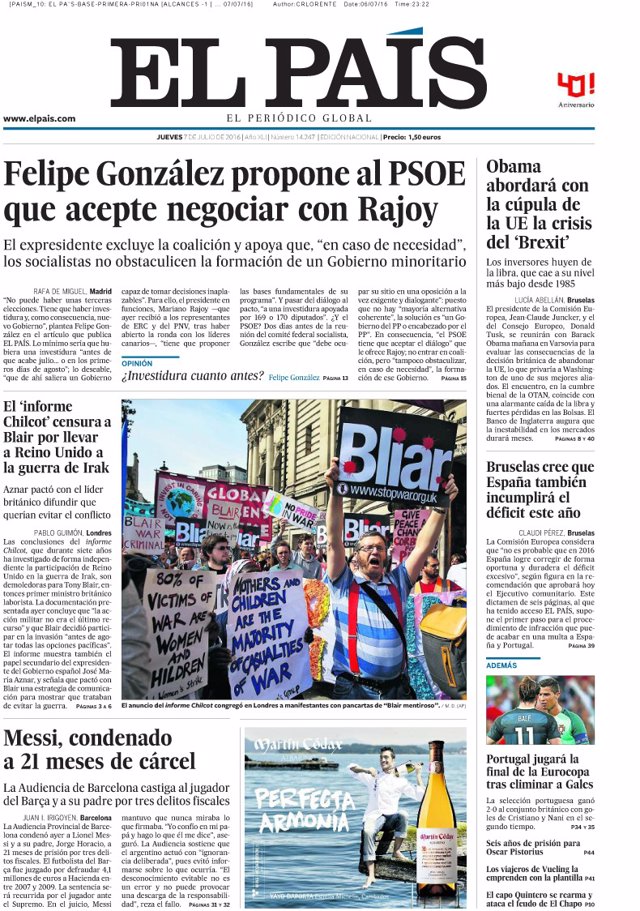 Portada de El País