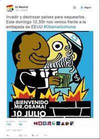 El PP y C's piden a IU que retire el cartel "antisemita" difundido en Twitter contra la visita de Obama 