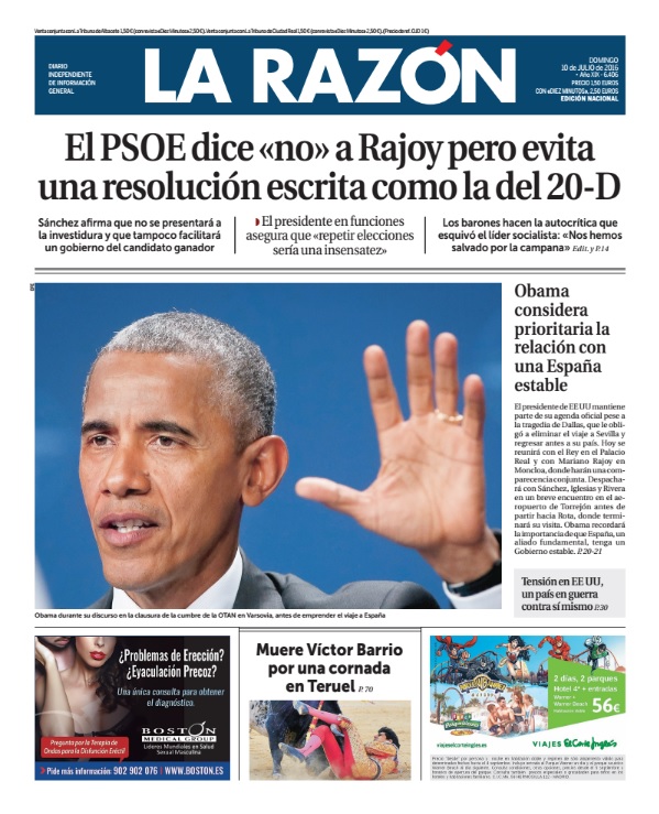 Portada de La Razón del 10 de julio de 2016