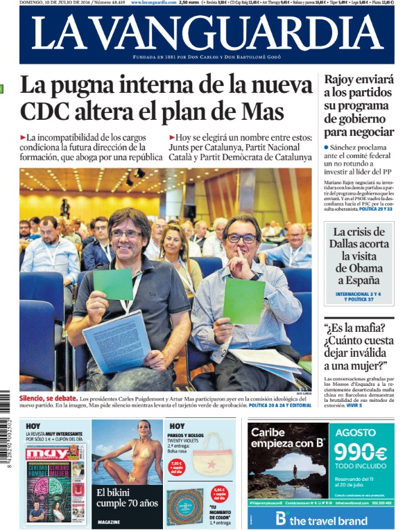 Portada de La Vanguardia del 10 de julio de 2016