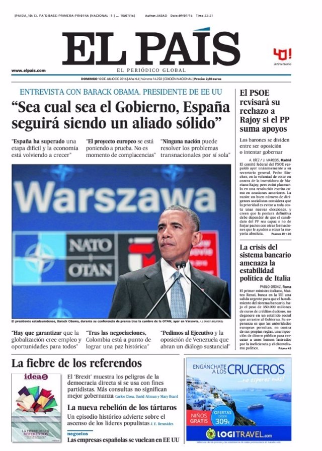 Portada de El País del 10 de julio de 2016