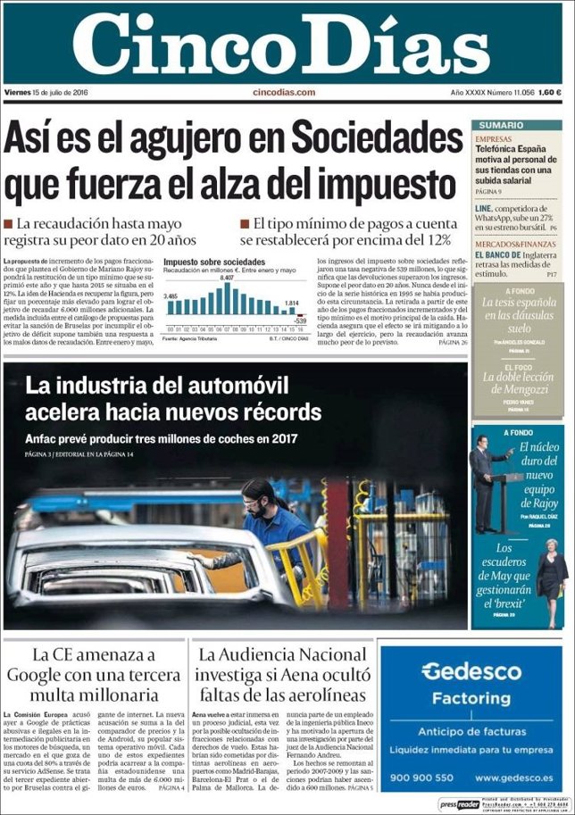 Cinco Días portada Cinco Días portada