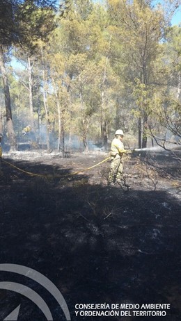 Especialista en extinción en el incendio de Peal de Becerro