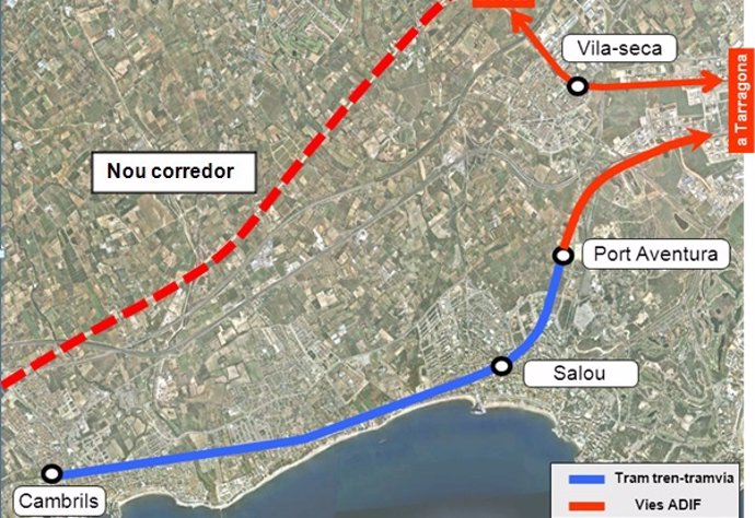 Mapa del trazado propuesto por Territori para implementar el tren-tranvía