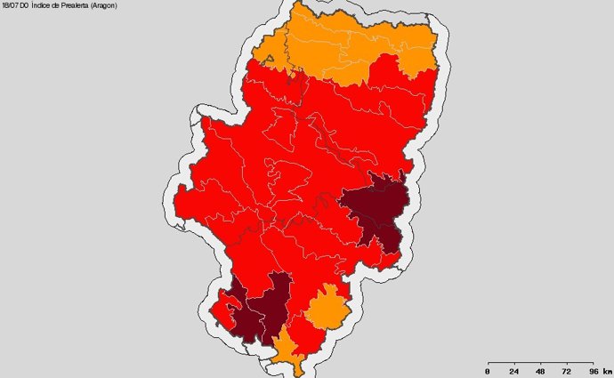 Mapa de prealerta para este lunes en Aragón.