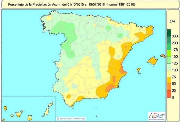 Distribución de las precipitaciones hasta el 19 de julio de 2016