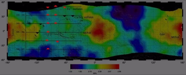 Mapa de concentración de azufre en Marte