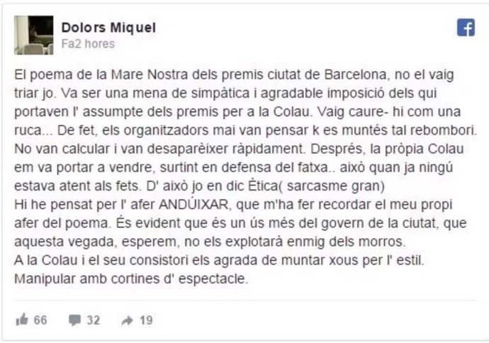 Apunte de la poeta Dolors Miquel en Facebook