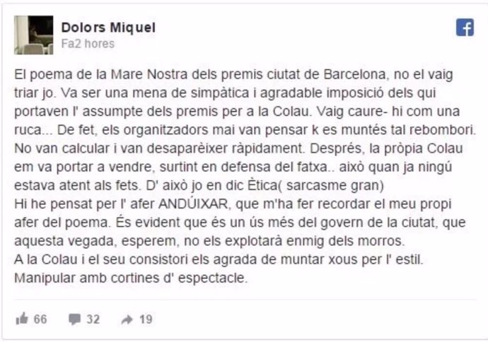 Apunte de la poeta Dolors Miquel en Facebook