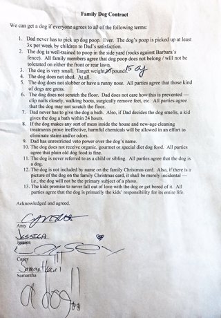 El contrato que un padre hizo firmar a la familia para adoptar un perro