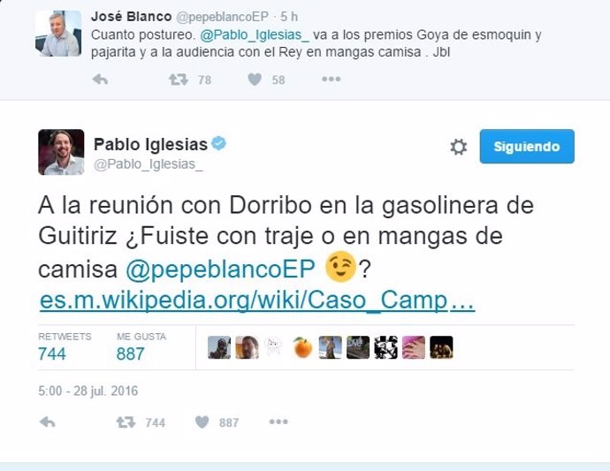 Pantallazo del rifirrafe de José Blanco e Iglesias en Twitter