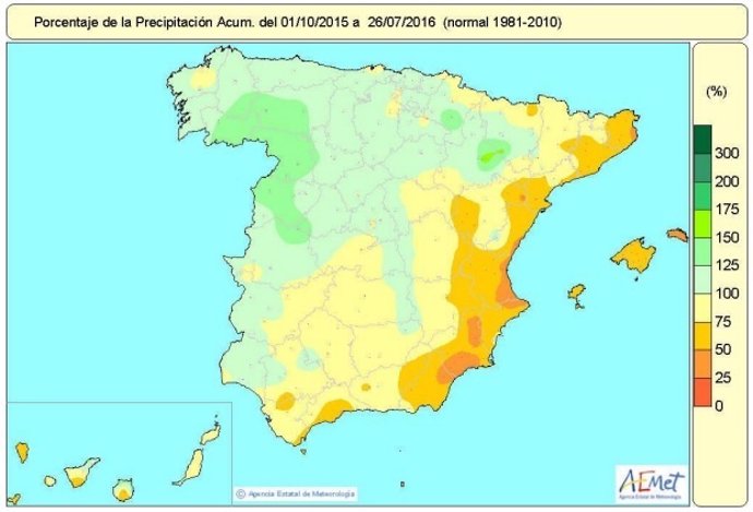Distribución de las precipitaciones de octubre de 2015 al 26 julio de 2016